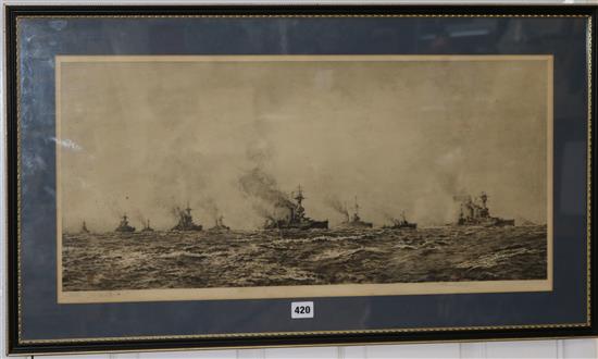 Albany E. Howarth after William Lionel Wyllie, etching, The Kaiser Klass being taken to Scapa Flow, November 1918, 33 x 70cm